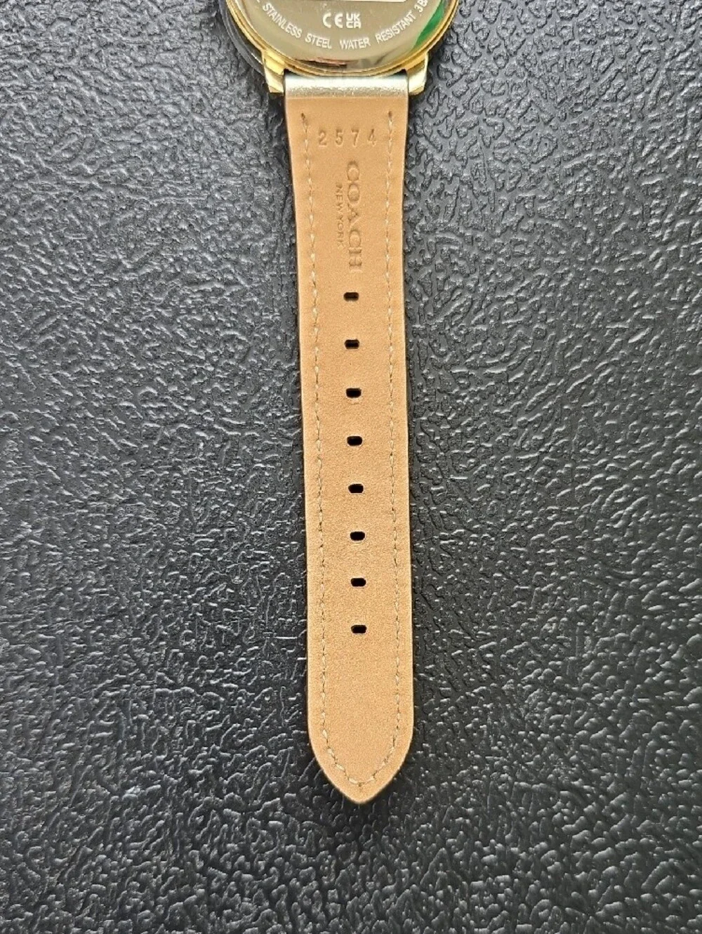Coach Womens Gold Glitter Dial Watch with Gold-Tone Leather Strap. New Battery.